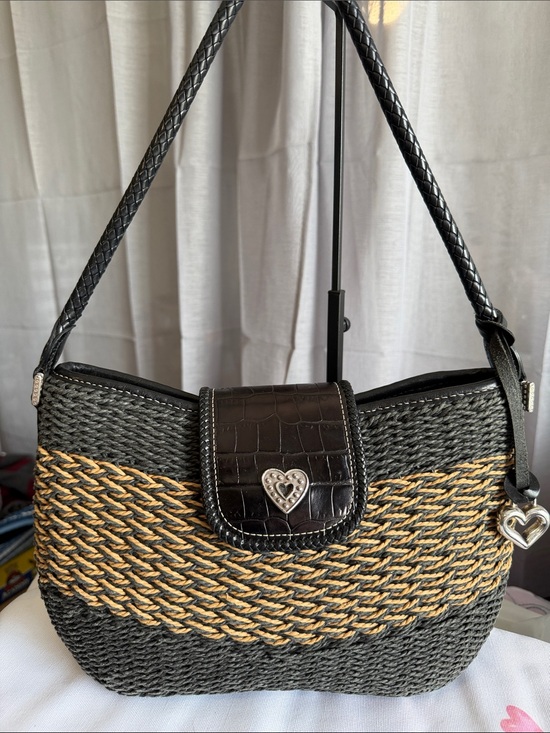 Brighton Handbags - Brighton Black and Natural Braided Straw Shoulder Bag with Heart Charm